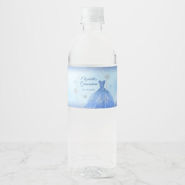 Étiquette Pour Bouteilles D'eau Dusty Blue Winter Snowflake Quinceañera (Devant)