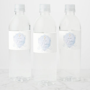 Étiquette Pour Bouteilles D'eau Élégant bleu clair Aquarelle Crest Baptême