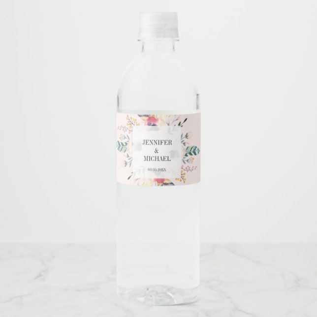 Étiquette Pour Bouteilles D'eau Elegant Boho Bouquet Mariage (Devant)