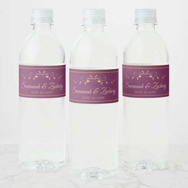 Étiquette Pour Bouteilles D'eau Elégant Cassis Flourish Purple & Gold Mariage (Bouteilles)