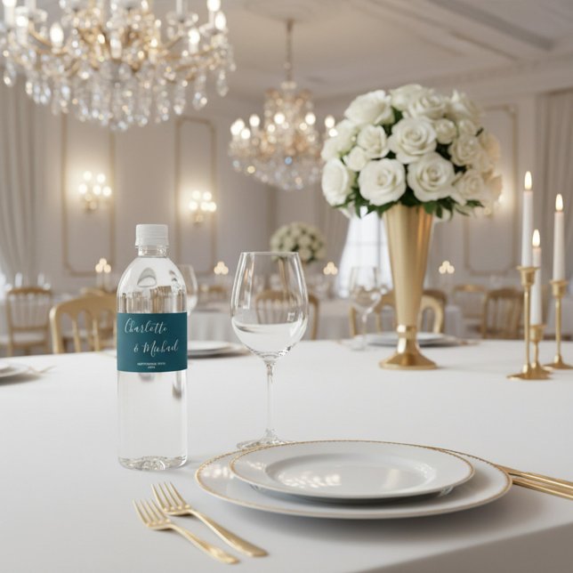 Étiquette Pour Bouteilles D'eau Elegant Deep Teal Script Minimalist Wedding (Créateur téléchargé)