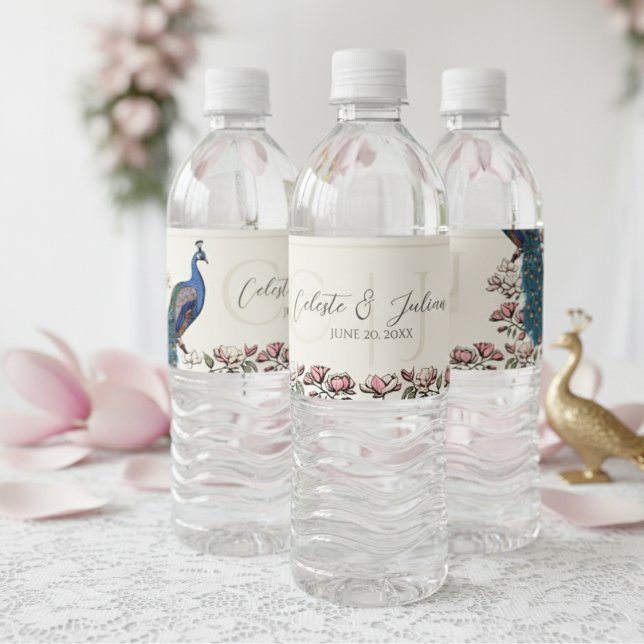 Étiquette Pour Bouteilles D'eau Élégant Mariage de Peacock Floral Ivory (Elegant Floral Peacock Water Bottle Label. Modern Chinoiserie Peacock, Flowers Ivory Drink Label)