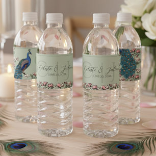 Étiquette Pour Bouteilles D'eau Élégant Mariage de Peacock Floral Sage Green