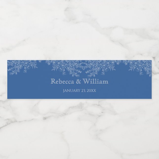 Étiquette Pour Bouteilles D'eau Élégant Mariage floral bleu minuit (Étiquettes simples)