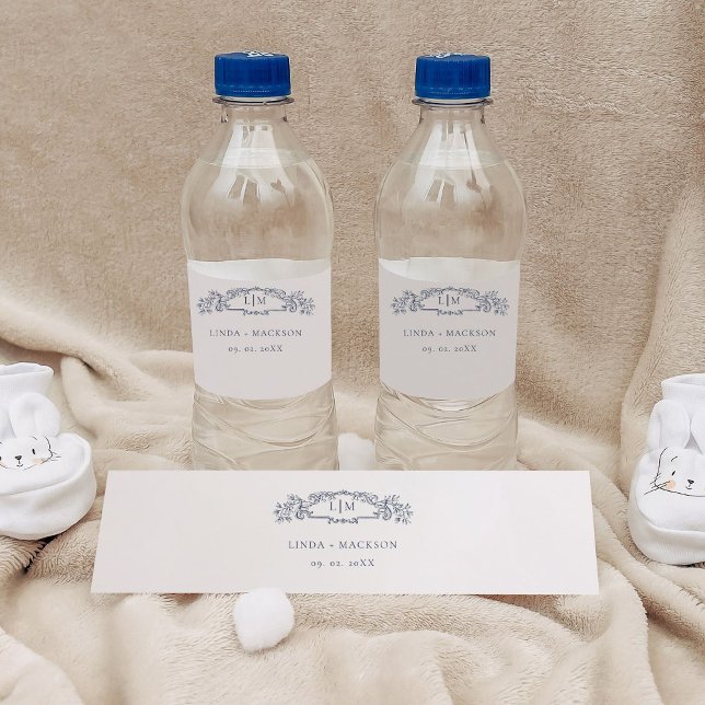 Étiquette Pour Bouteilles D'eau Élégant monogramme de crête botanique nautique de  (Créateur téléchargé)