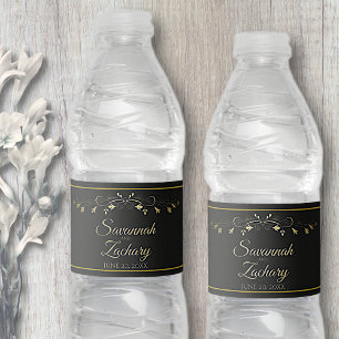 Étiquette Pour Bouteilles D'eau Élégant or Floral Flourdissant Mariage noir