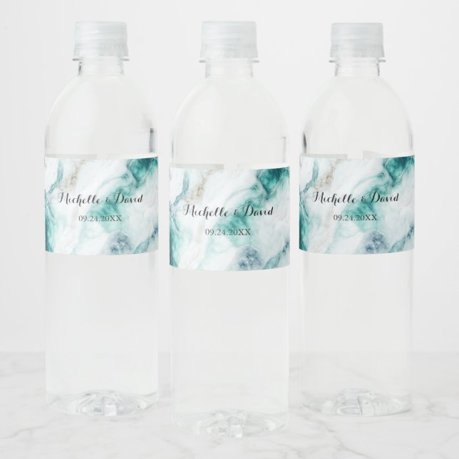 Étiquette Pour Bouteilles D'eau Elégant Peacock Green Marble Mariage (Bouteilles)