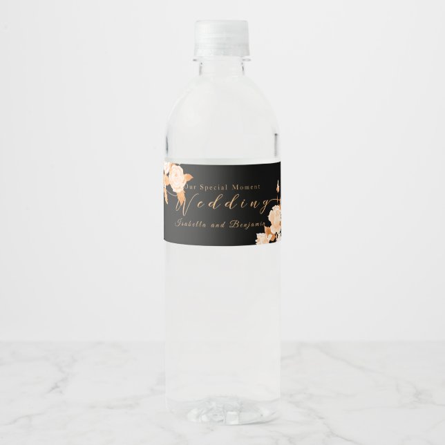 Étiquette Pour Bouteilles D'eau Élégant Rose or Mariage noir (Devant)