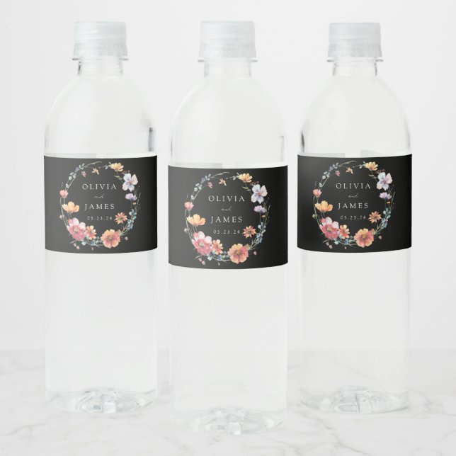 Étiquette Pour Bouteilles D'eau Elégant Whimsical Fleur sauvage noir Mariage (Bouteilles)