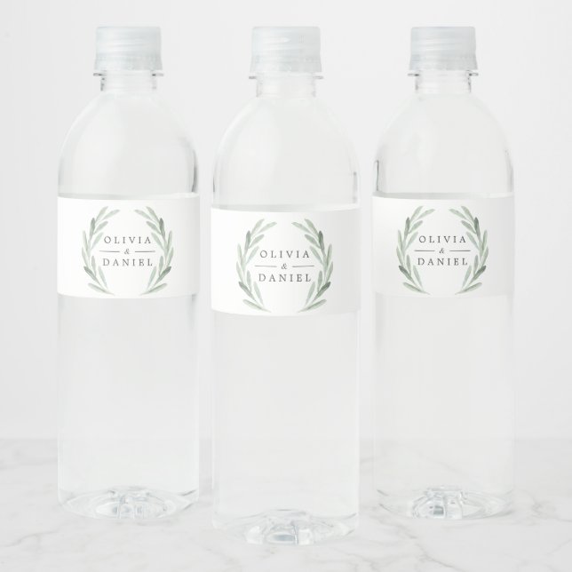 Étiquette Pour Bouteilles D'eau Elégante aquarelle Mariage vert feuille d'olive (Bouteilles)