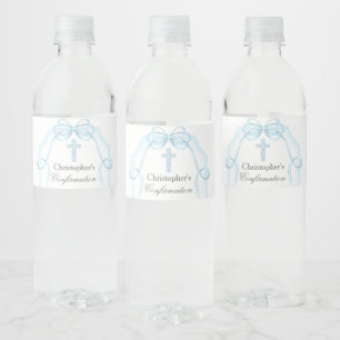 Étiquette Pour Bouteilles D'eau Élégante Bleu Ruban Bow Confirmation Party