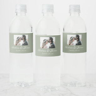 Étiquette Pour Bouteilles D'eau Élégante calligraphie Photo Sage Mariage vert