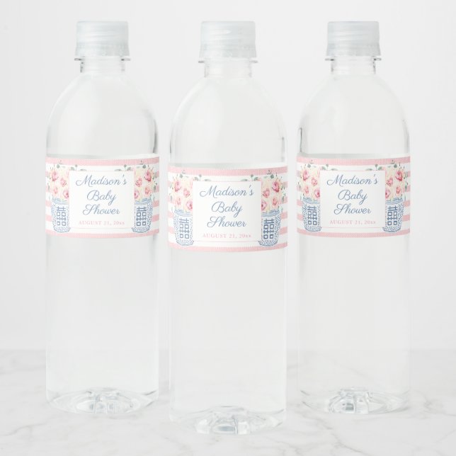 Étiquette Pour Bouteilles D'eau Élégante fête de Baby shower de fille rose et blan (Bouteilles)