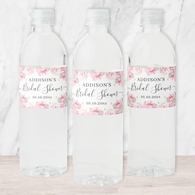 Étiquette Pour Bouteilles D'eau Elégante Fête des mariées Rose aquarelle (Créateur téléchargé)