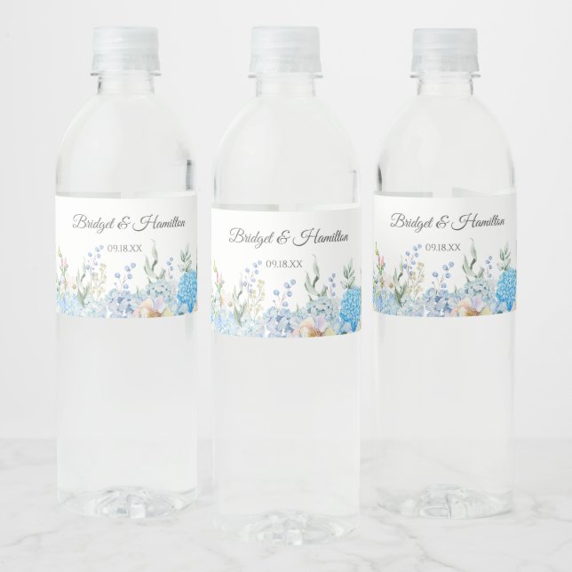 Étiquette Pour Bouteilles D'eau Elégante Hydrangée Bleue (Bouteilles)