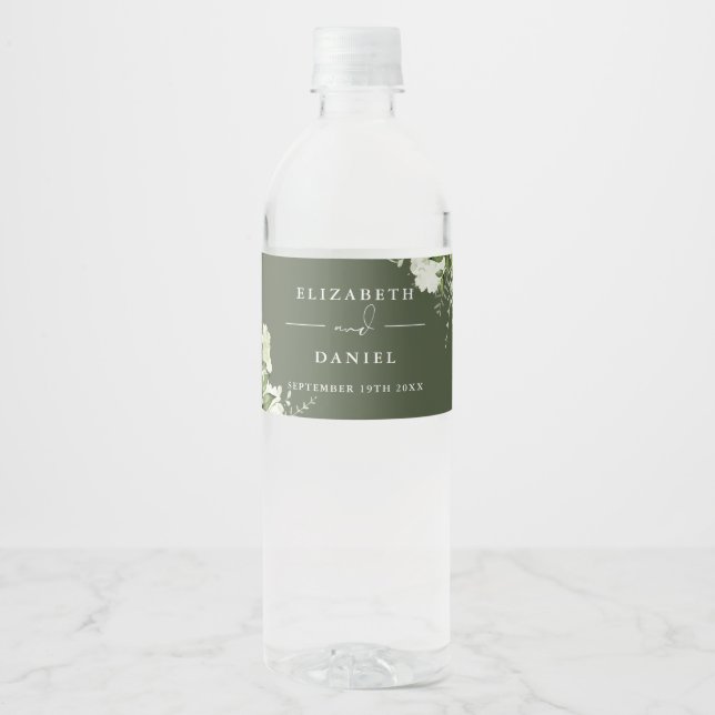 Étiquette Pour Bouteilles D'eau Élégante verdure Floral Olive Green Mariage (Devant)