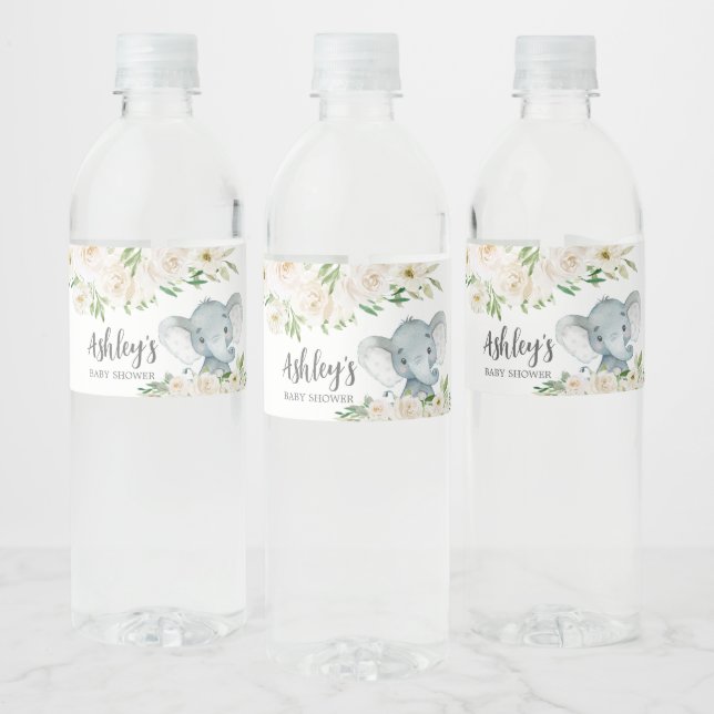 Étiquette Pour Bouteilles D'eau Élephant blanc floral vert (Bouteilles)