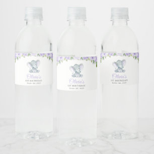 Étiquette Pour Bouteilles D'eau Eléphant mignon, Fleurs pourpres, Premier Annivers