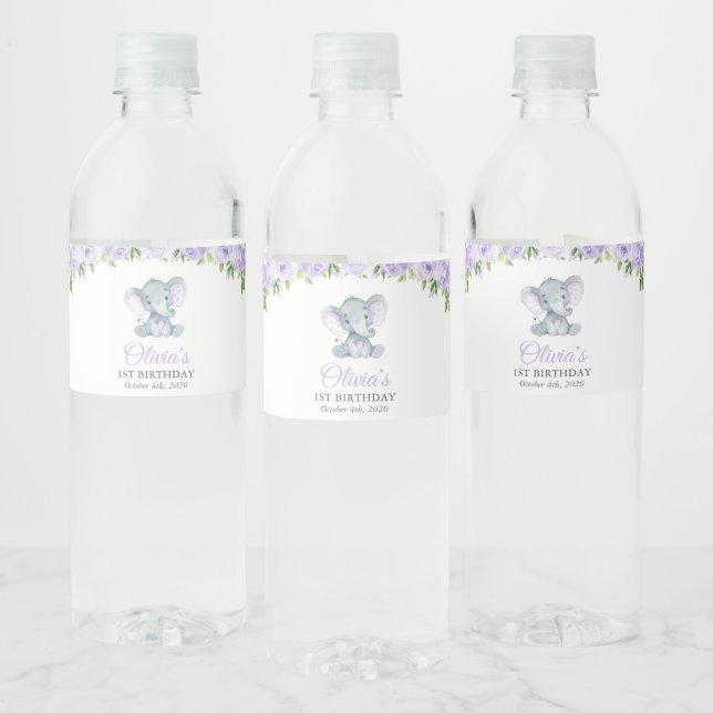 Étiquette Pour Bouteilles D'eau Eléphant mignon, Fleurs pourpres, Premier Annivers (Bouteilles)