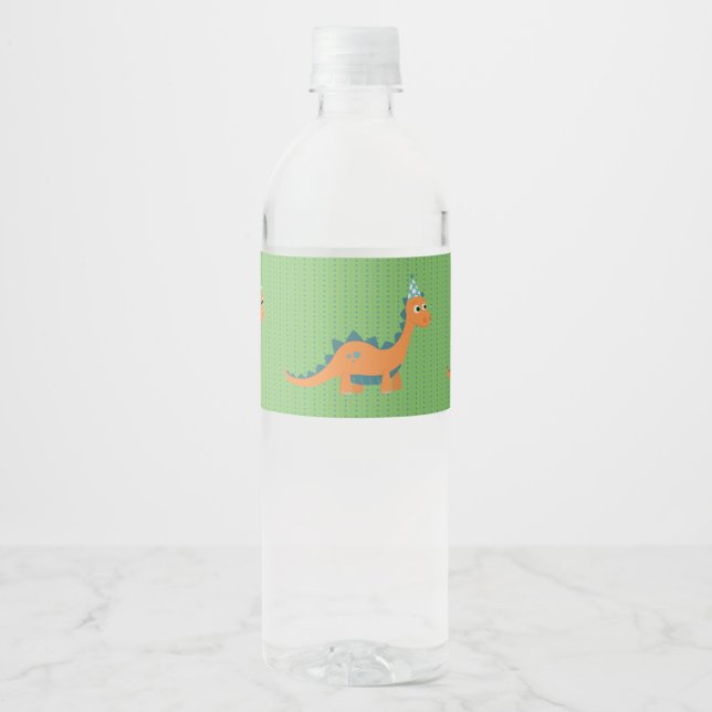 Étiquette Pour Bouteilles D'eau Enfants dinosaure orange garçon d'anniversaire (Devant)