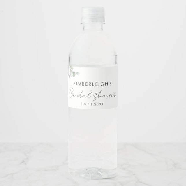 Étiquette Pour Bouteilles D'eau Eucalyptus Feuillage Script Fête de Mariage (Devant)