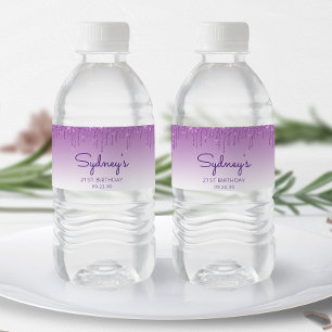 Étiquette Pour Bouteilles D'eau Fête d'anniversaire 21 ans Chic Glitter Violet Dri