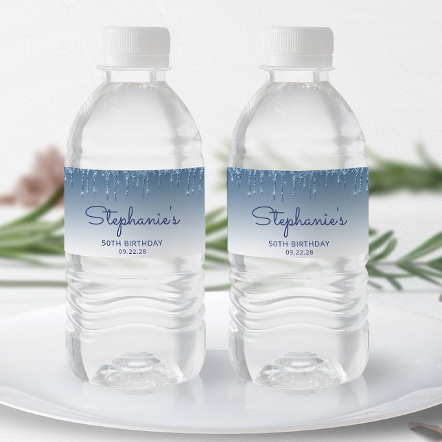 Étiquette Pour Bouteilles D'eau Fête d'anniversaire de 50 ans Chic Blue Glitter Dr (Créateur téléchargé)