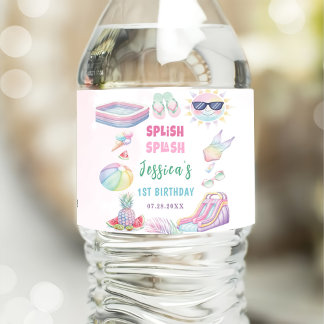 Étiquette Pour Bouteilles D'eau Fête d'anniversaire de fille avec toboggan aquatiq