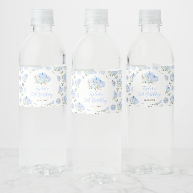 Étiquette Pour Bouteilles D'eau Fête d'anniversaire Floral Citrouille Bleu (Bouteilles)