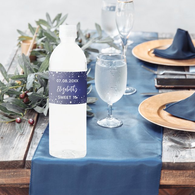 Étiquette Pour Bouteilles D'eau Fête d'anniversaire marine bleu argent éclat (Créateur téléchargé)