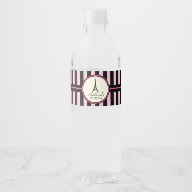 Étiquette Pour Bouteilles D'eau Fête d'anniversaire Paris rose et noir (Devant)