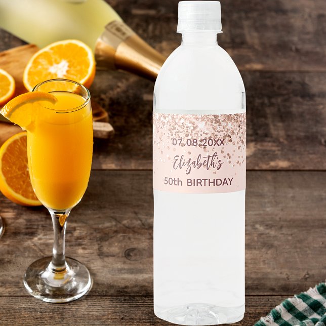 Étiquette Pour Bouteilles D'eau Fête d'anniversaire rose or rougit éclaboussures (Créateur téléchargé)