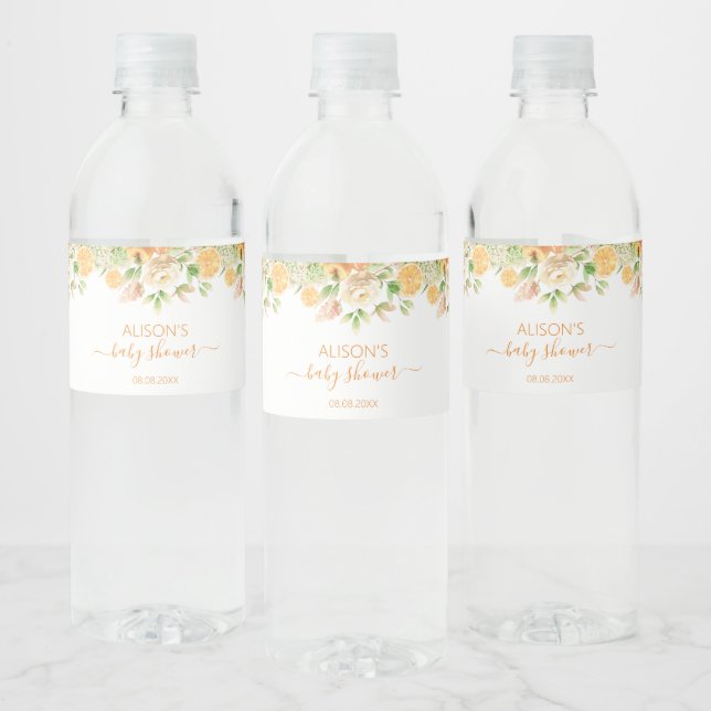Étiquette Pour Bouteilles D'eau Fête de Bébé Fille Fleurs de Rose Jaune et Feuilla (Bouteilles)