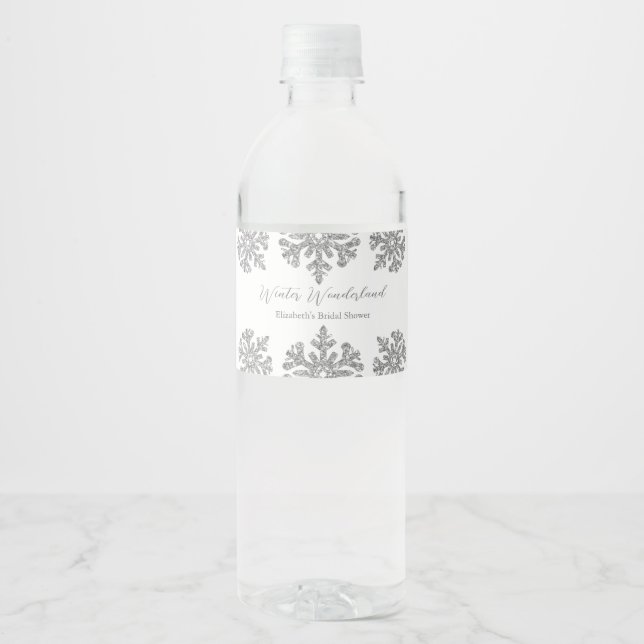 Étiquette Pour Bouteilles D'eau Fête de mariage hivernale Flocon de neige argenté (Devant)