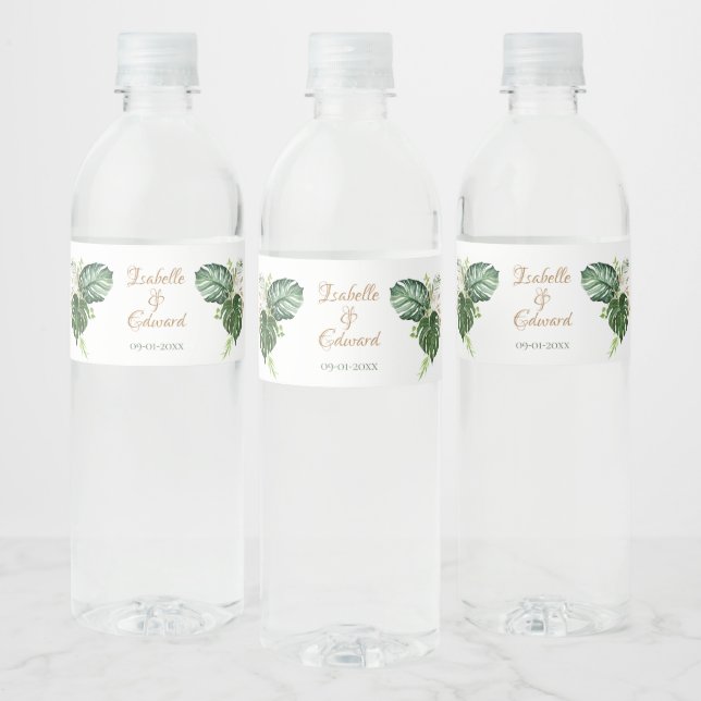 Étiquette Pour Bouteilles D'eau Feuilles Tropical Green & Gold Monstera (Bouteilles)