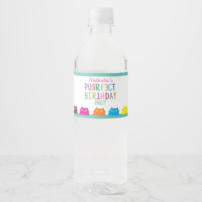 Étiquette Pour Bouteilles D'eau Fille de chat fête d'anniversaire (Devant)