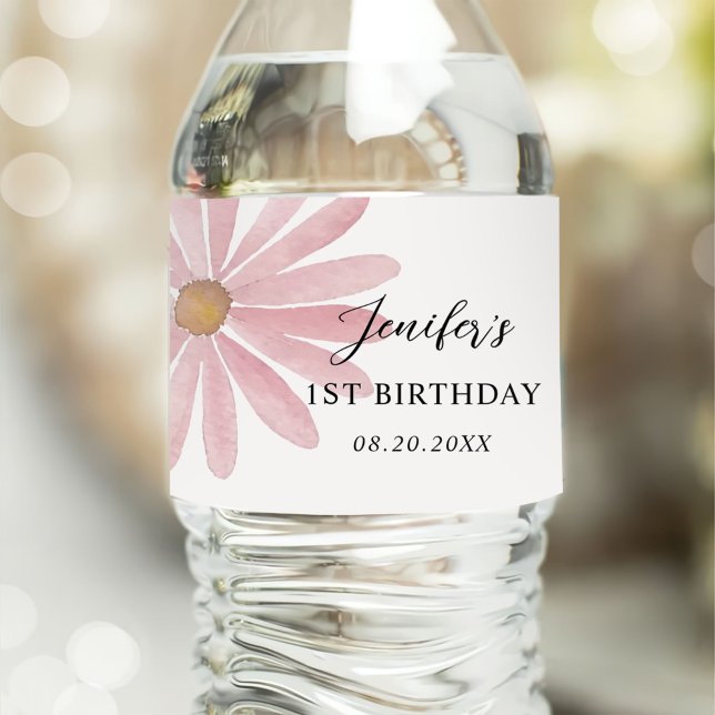 Étiquette Pour Bouteilles D'eau Fille rose Daisy Première fête d'anniversaire (Créateur téléchargé)