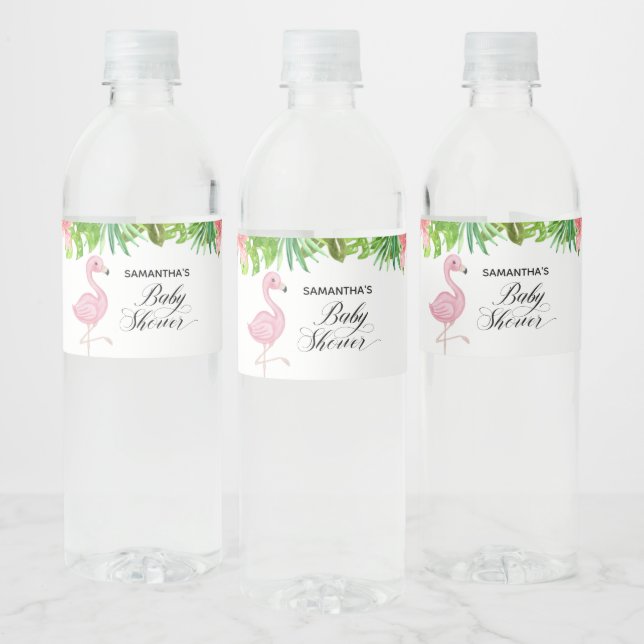Étiquette Pour Bouteilles D'eau Flamant rose rose Baby shower Feuille tropical (Bouteilles)