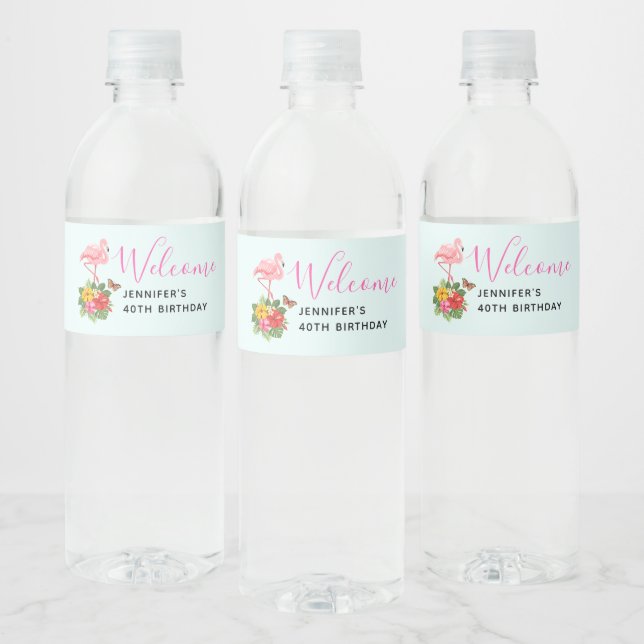 Étiquette Pour Bouteilles D'eau Flamant rose rose & Hibiscus Tropical Fancy (Bouteilles)