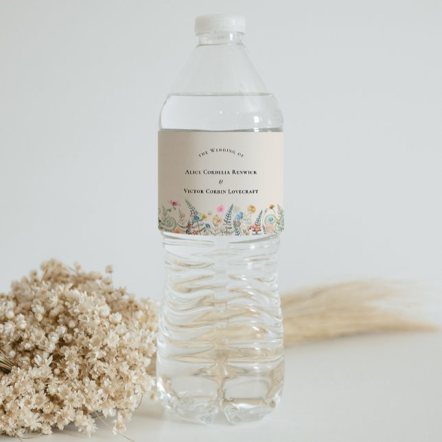 Étiquette Pour Bouteilles D'eau Fleur sauvage simple Fern Mariage beige (Créateur téléchargé)