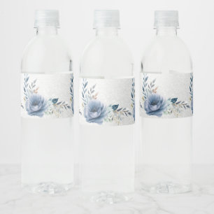Étiquette Pour Bouteilles D'eau Fleurs d'Aquarelle bleu Dusty Silver Elégant