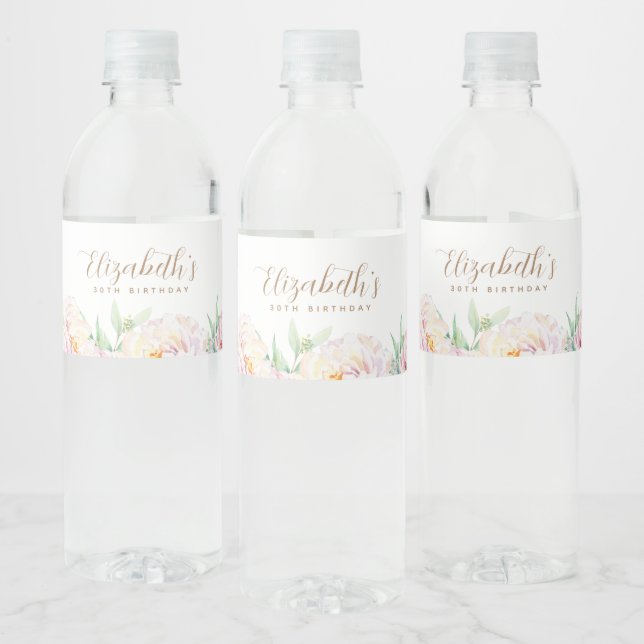 Étiquette Pour Bouteilles D'eau Fleurs Pastel Élégantes | Anniversaire personnalis (Bouteilles)