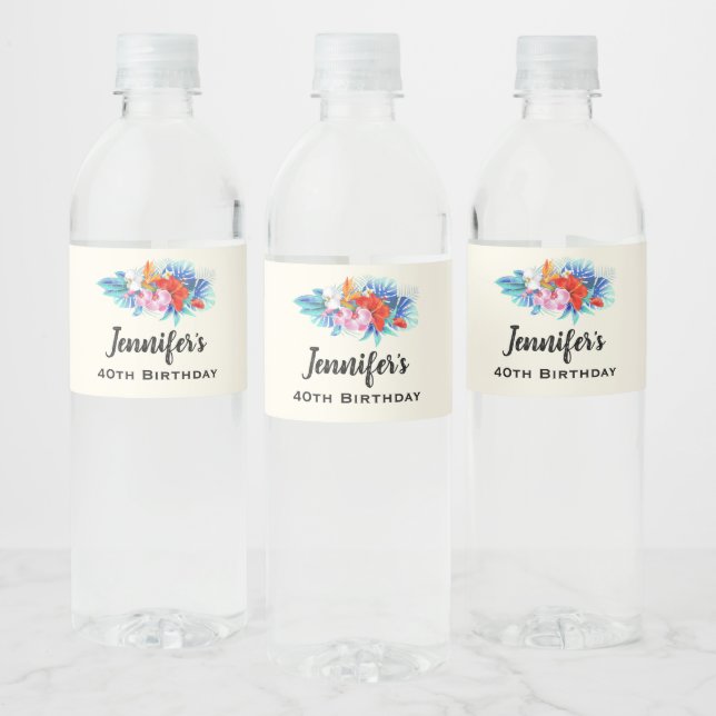 Étiquette Pour Bouteilles D'eau Fleurs tropicales exotiques à l'Anniversaire rose  (Bouteilles)