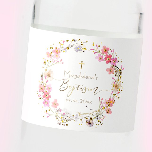 Étiquette Pour Bouteilles D'eau fleurs wreath Baptême (Créateur téléchargé)