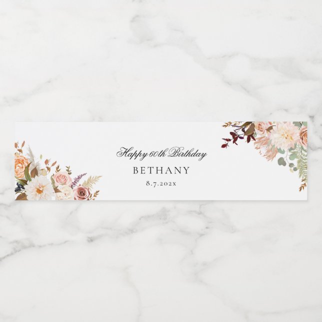Étiquette Pour Bouteilles D'eau Floral 60e fête d'anniversaire Custom (Étiquettes simples)