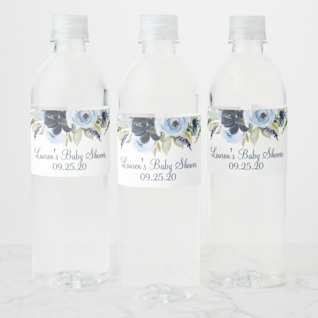 Étiquette Pour Bouteilles D'eau Floral bleu marine (Bouteilles)
