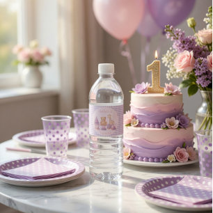 Étiquette Pour Bouteilles D'eau Gingham Lavande Personnalisé 1er Anniversaire