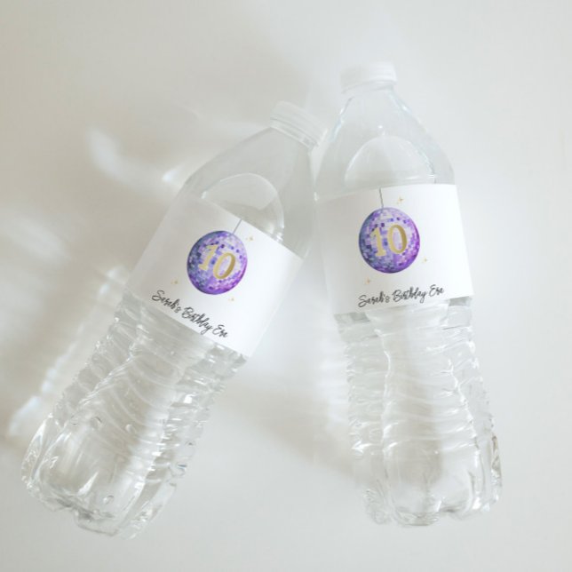 Étiquette Pour Bouteilles D'eau Girls Purple 10th Birthday Disco Water Station (Créateur téléchargé)