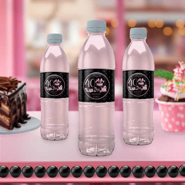 Étiquette Pour Bouteilles D'eau Glam Pink Black Fashion 40th Birthday Party (Glam Pink and Black French Couture Fashion 40th Birthday Party Water Bottle Labels)
