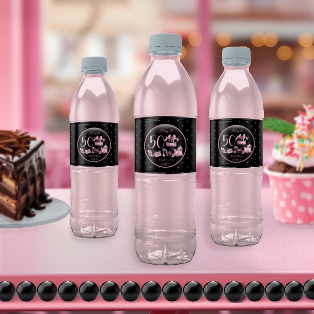 Étiquette Pour Bouteilles D'eau Glam Pink Black Fashion 50e fête d'anniversaire (Glam Pink and Black French Couture Fashion 50th Birthday Party Water Bottle Labels)